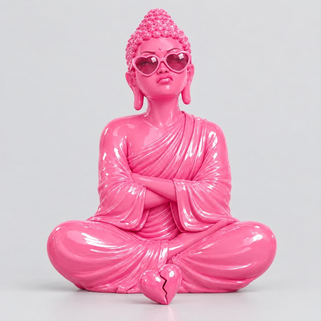 팔짱 끼고 깨진 하트 앞에 앉은 Queen Buda