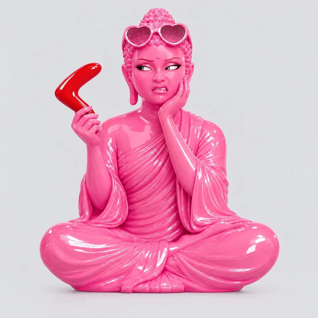 빨간 부메랑을 들고 의심스럽게 보는 Queen Buda